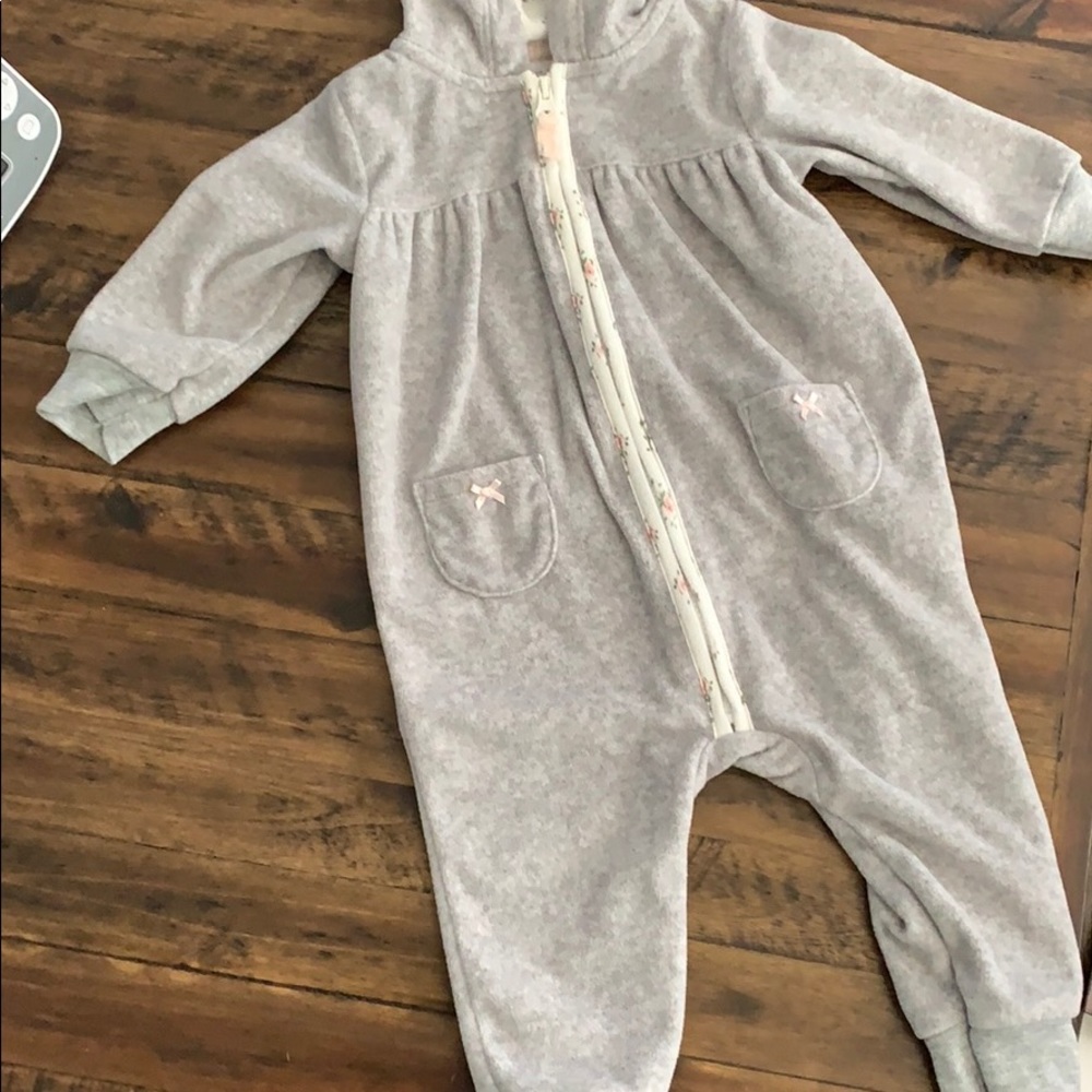 6M Carter’s Fleece Hooded One Piece - Heart Bottom
